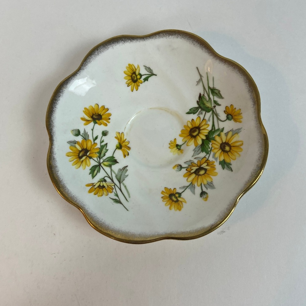 Rosina Bone China Saucer Made in England Yellow Daisy Floral Gold Gilt Scalloped